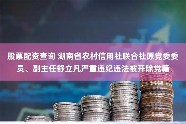 股票配资查询 湖南省农村信用社联合社原党委委员、副主任舒立凡严重违纪违法被开除党籍